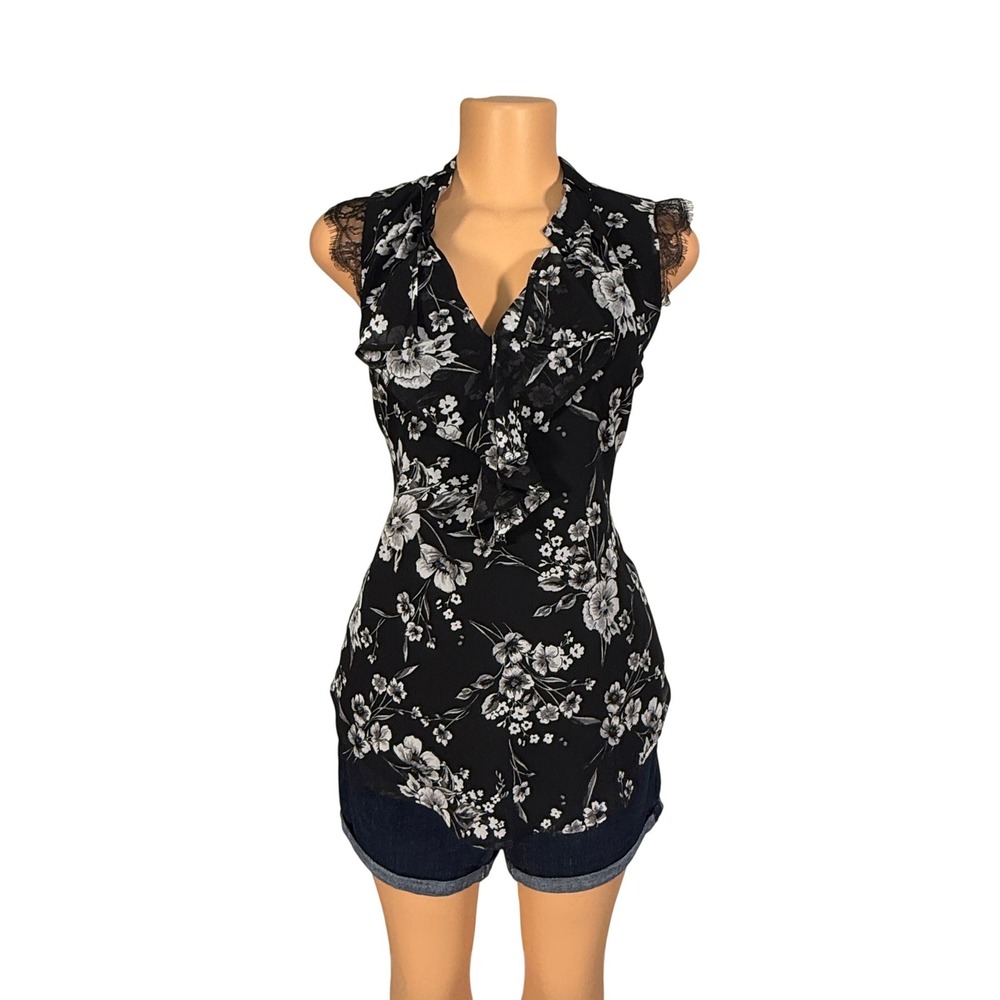 White House Black Market Blouse Womens 10 Black Floral Excellent Ruffle Lace